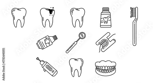 A collection of thin line icons representing dental care and oral hygiene, including healthy and decayed teeth, toothpaste, a dental mirror, a drill, a toothbrush, and dentures, perfect for graphic