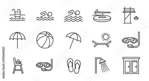 Swimming Pool Line Icon Bundle: A Minimalistic Linear Pictogram Collection for Web and Graphic Design, Apps, Banners, Social Networks, and Cards. Vector Cartoon Illustration.