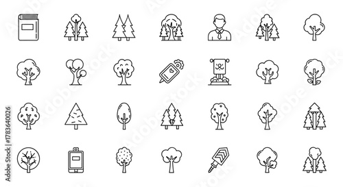 Collection of simple linear outline icons representing various trees, including deciduous and coniferous types, a book, a person in a suit, and other nature-related elements, suitable for web, books