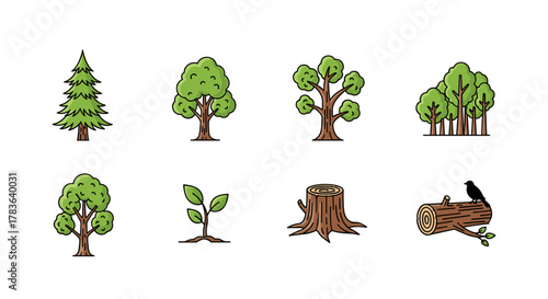 Set of stylized cartoon trees and forest elements, including a pine tree, deciduous trees, a sapling, a tree stump, a forest scene, and a bird on a log, presented as linear vector illustrations on a