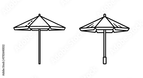 Two stylized linear illustrations of beach umbrellas or parasols, presented side-by-side against a clean white background, perfect for summer-themed graphics, travel brochures, or outdoor leisure