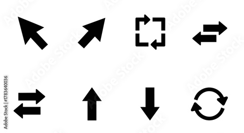 Collection of eight solid black arrow icons on a white background, including a cursor arrow, diagonal arrow, square with arrows, horizontal double arrows, vertical double arrows, up arrow, down