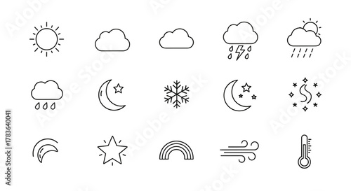 Collection of minimalist line vector icons depicting various weather phenomena and celestial bodies, including sun, clouds, rain, lightning, moon, stars, snowflake, rainbow, wind, and thermometer