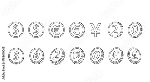 Collection of various currency coins and symbols in outline style, including dollar, euro, yen, pound, and numbered coins, perfect for infographics, articles, books, flyers, and banners, presented as