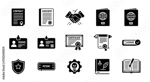 Vector solid icons collection of legal documents and official papers, including contract, agreement, passport, ID card, certificate, license, patent, testament, and more, representing official