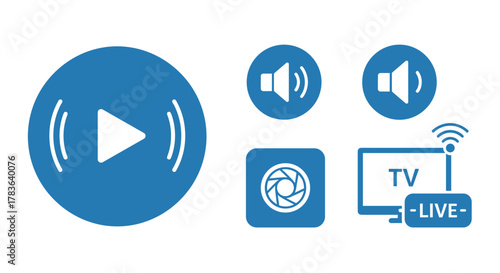 Collection of blue vector icons representing live streaming, broadcasting, and online media consumption, including a play button, volume controls, a camera aperture, and a TV screen displaying "LIVE"