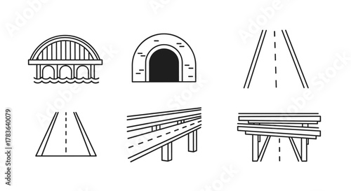 Collection of six minimalist outline icons representing various road infrastructure elements, including a classic arch bridge over water, a dark tunnel entrance, a straight highway with dashed lines