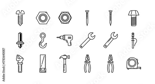 Collection of line icons representing various construction and repair tools, including screws, nuts, bolts, nails, a drill, wrenches, a saw, a hammer, pliers, a hook, and a measuring tape, all