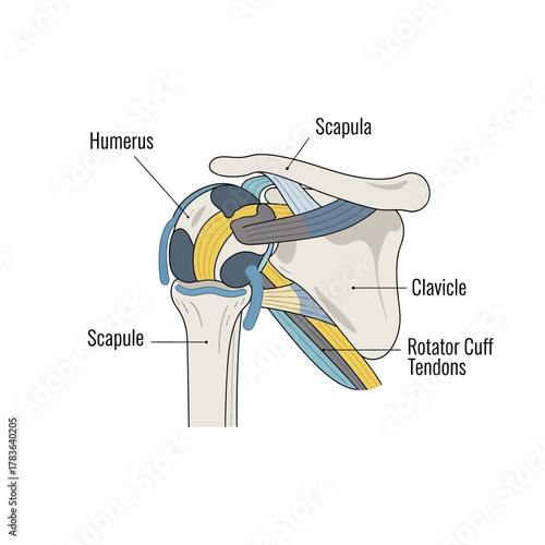 Detailed anatomical illustration of the human shoulder joint and its components.