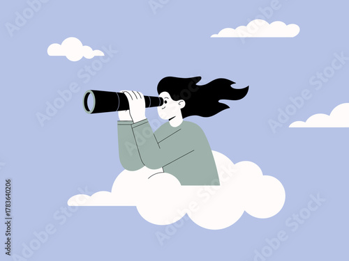 This whimsical illustration depicts a person using binoculars while floating among fluffy clouds, symbolizing curiosity, exploration, and the pursuit of dreams in a serene atmosphere.