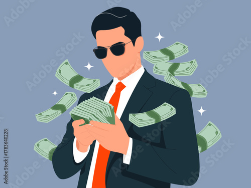 A businessman in sunglasses and a suit, counting stacks of money, projecting confidence and success, set against a background of cash and glimmering dollar bills.