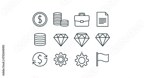 A minimalist collection of outline web and graphic design icons, featuring symbols for business, finance, and success, including dollar coins, stacks of money, a briefcase, a document, diamonds