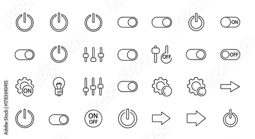Bundle of On Off Switch Related Line Icons, Outline Signs for Graphic and Web Design, Apps, Adverts, Various Cards, Vector Cartoon Illustration with Power Button, Toggle, Slider, Gear, Lightbulb, and