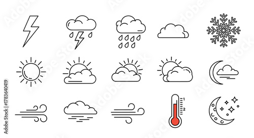 Collection of weather-related line icons, including lightning, rain, snow, sun, clouds, wind, thermometer, and moon with stars, perfect for graphic and web design, apps, adverts, and various cards