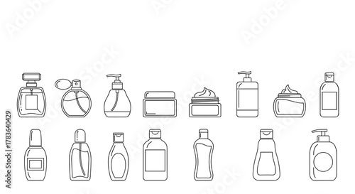 Collection of Cosmetic Bottles and Containers Line Icons: A comprehensive set of minimalist outline illustrations featuring perfume bottles, cream jars, shampoo dispensers, and gel containers