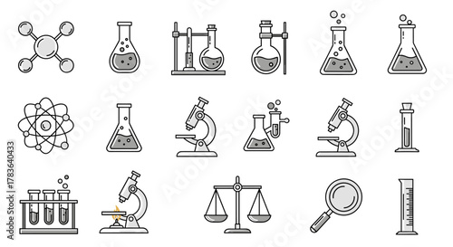 A comprehensive collection of modern line icons representing chemistry and science, featuring chemical compounds, laboratory flasks, microscopes, scales of justice, magnifying glass, and test tubes