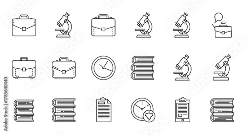 Collection of thin line icons representing a briefcase, microscope, stack of books, clock, and clipboard, perfect for apps, websites, banners, infographics, and various design projects, presented in