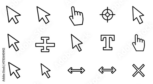 Collection of outline cursor icons, including pointer, hand, crosshair, text, move arrows, and close symbols, perfect for infographics, articles, books, flyers, and banners, editable stroke, vector