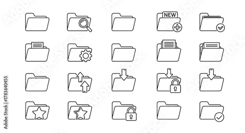 Collection of minimalist line art icons representing various computer folder functions and states, including search, new, upload, download, locked, favorited, and completed tasks, perfect for digital