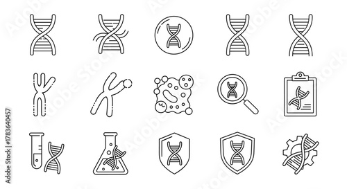 Collection of thin line icons representing DNA, chromosomes, and cellular structures, suitable for scientific and medical contexts, presented on a clean white background with editable stroke for