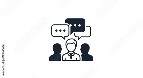 Minimalistic line icon vector illustration of faceless people engaged in conversation, represented by speech bubbles, symbolizing communication, discussion, and teamwork, set against a clean white