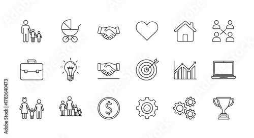 Minimalist line art vector illustration set featuring family icons, business symbols like briefcase, handshake, and laptop, alongside concepts such as idea, target, growth chart, gears, and trophy
