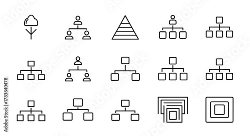 A comprehensive set of hierarchy icons, perfect for UI design, placards, books, and apps. These editable stroke vector cartoon illustrations are suitable for websites, books, cards, and apps