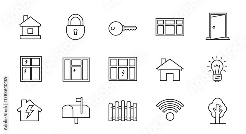 A collection of thin line icons representing various aspects of home and security, including houses, windows, doors, locks, keys, mailboxes, fences, light bulbs, Wi-Fi signals, and trees, all set