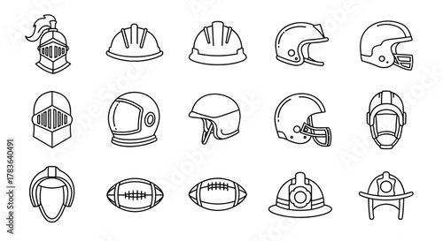 Collection of diverse helmet line icons, including knight's helmet, construction hard hat, astronaut helmet, motorcycle helmet, American football helmet, and firefighter helmet, presented as clean