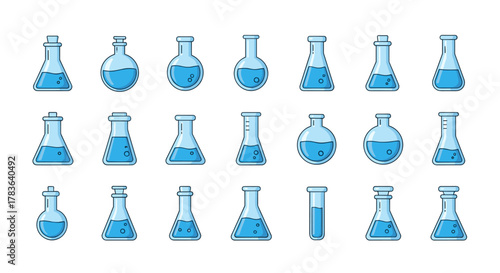 A collection of minimalistic linear pictograms featuring light blue laboratory flasks filled with liquid, presented in a vibrant and descriptive bundle. This set is ideal for web and graphic design