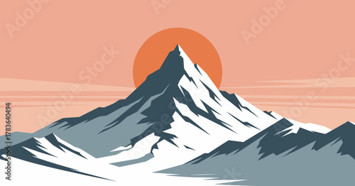 This image showcases a stunning mountain peak bathed in warm sunset hues, with snow caps and a serene atmosphere, perfect for nature and adventure themes in design.