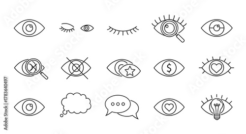 A comprehensive set of thin line icons representing various eye-related concepts, including vision, observation, search, and emotions like love and ideas. This vector illustration features a clean