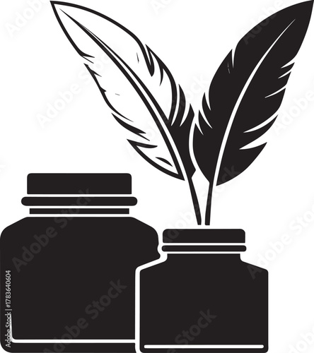 Feather Quill and Inkwell Silhouette Icon Black And White
