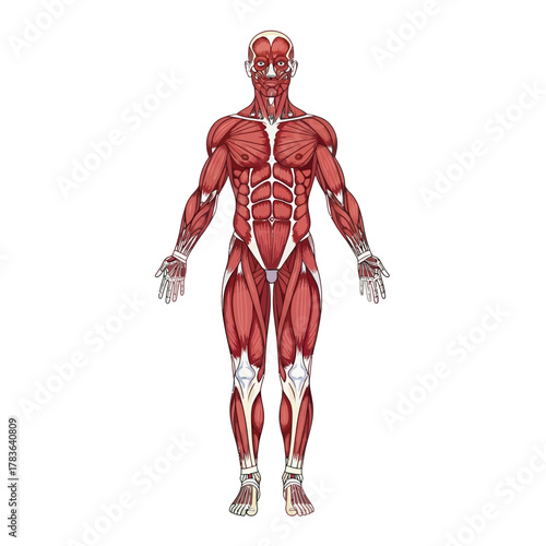 Detailed Human Muscular System Anatomy Front View.