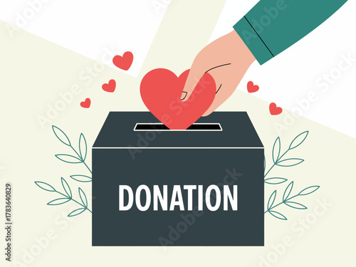 A heart-shaped donation being placed into a donation box, symbolizing generosity and compassion, surrounded by tender hearts and green foliage to inspire giving.
