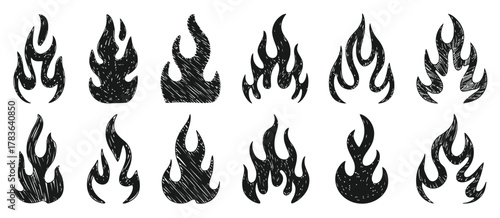 Fire flames crayon vector collection, hand sketched doodle illustration with pencil texture, creative bonfire drawings for artistic punk or rock themes.