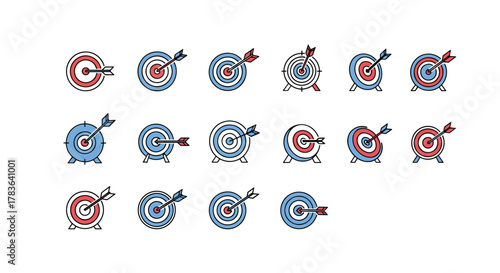 Set of 16 target and arrow icons, representing goals, success, and precision in a clean, modern vector cartoon illustration style. These icons are perfect for business, sports, and lifestyle themes