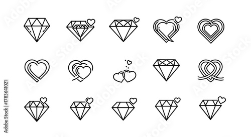 Collection of luxury love diamond and heart icons, presented as a clean, modern line art vector illustration on a white background, perfect for romantic themes, jewelry branding, and elegant graphic