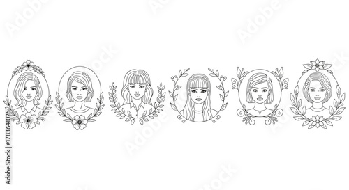 Set of six diverse woman portraits in line art style, each framed by delicate floral and leaf wreaths, presented on a clean white background, representing beauty, individuality, and nature's embrace