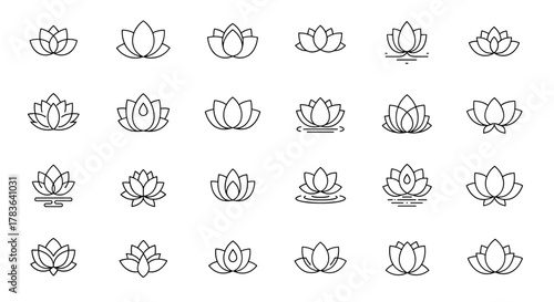 Set of 24 linear lotus flower icons, representing beauty, spa, and tranquility. These minimalist vector illustrations are perfect for logos, design elements, and wellness branding, all on a clean