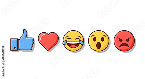 A vibrant and clear vector illustration featuring a row of popular social media icons and emojis, including a blue thumbs-up, a red heart, a laughing face with tears, a surprised face, and an angry