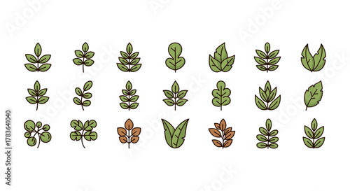A collection of 21 diverse, stylized leaf icons in a clean, cartoonish vector illustration style, presented in ordered rows against a white background, perfect for social media highlights and