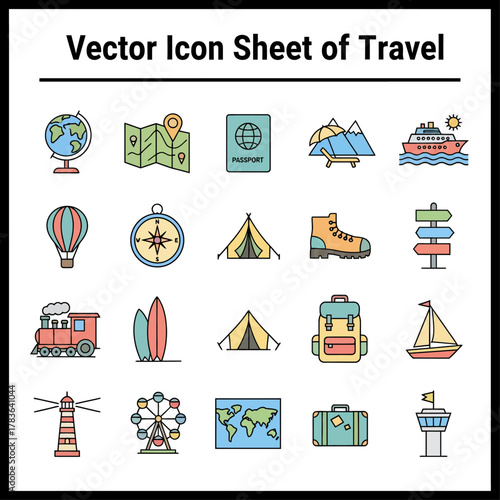 Travel icons vector travel vacation adventure tourism journey trip destination holiday transport symbols vector icon sheet