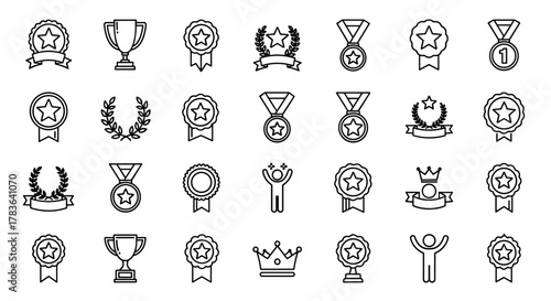 Award icon set, champion symbol, silhouette style, ordered line icons on white background, collection of victory and achievement symbols, including trophies, medals, stars, laurel wreaths, and
