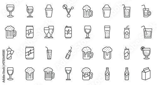 Collection of signs for alcoholic drinks, energy drinks, and soft drinks, drawn with thin lines, suitable for apps, websites, banners, infographics, and other design needs, presented in a clean and