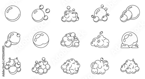 Set of clean line art bubble and foam icons, perfect for graphic design, web sites, cards, books, and articles. This vector cartoon illustration features a white background and an ordered set of