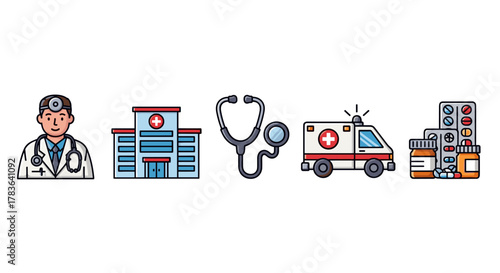 A vibrant collection of medical icons, featuring a friendly doctor, a modern hospital building, a diagnostic stethoscope, an emergency ambulance, and various medications including pills and blister