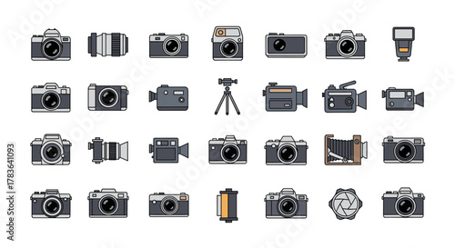 A diverse collection of camera icons in a clean, flat vector style, featuring various types of cameras, lenses, film rolls, and camera accessories, all presented on a white background for easy