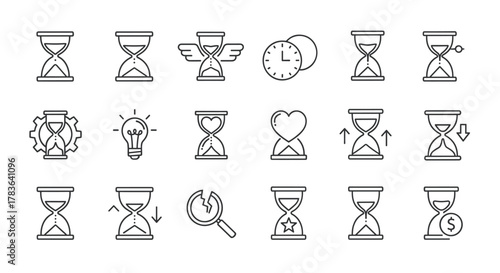 Collection of Hourglass and Time-Related Line Icons: A Versatile Set for Web, Books, Cards, and Apps, Featuring Editable Strokes and Cartoon-Style Vector Illustrations for Diverse Design Needs.