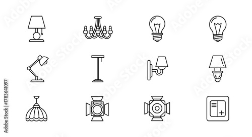 Minimalistic linear icon pack featuring various lighting elements: lamps, chandeliers, light bulbs, spotlights, and a light switch, presented in a clean, modern, and versatile vector style perfect